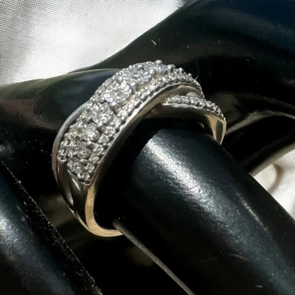 Round Cut Pave Diamond and 925 Sterling Silver 1/5 ct TW Ring, Size 5, Signed